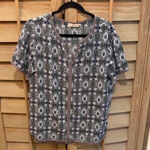 Tory Burch Gray, Navy & Green Short-Sleeve V-Neck Patterned Top